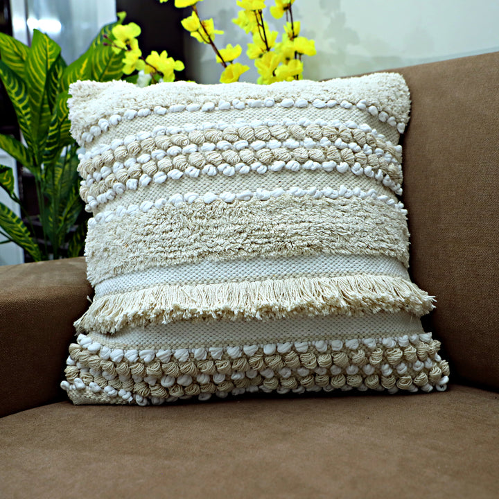 Natural Texture Fringe Cushion - Neutral Boho Design