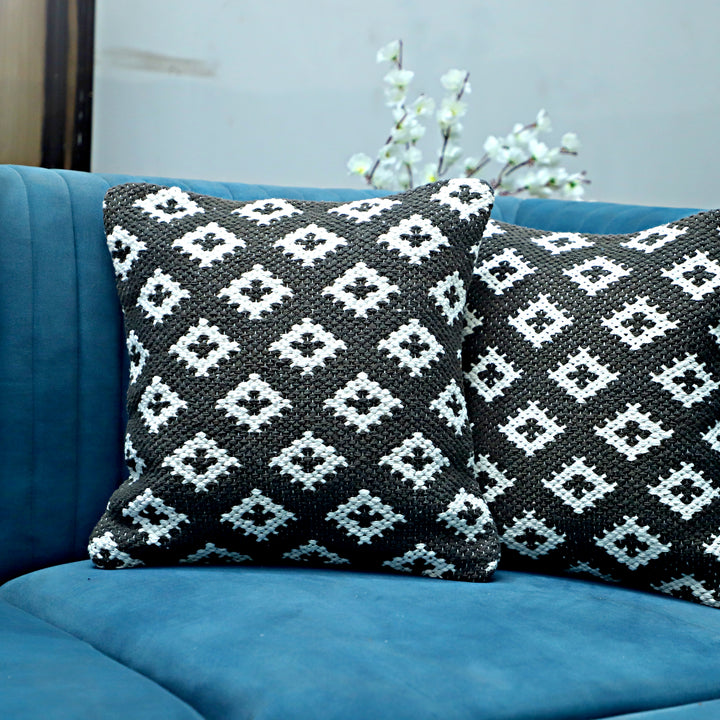 Monochrome Diamond Cushion - Black and White Geometric Pattern