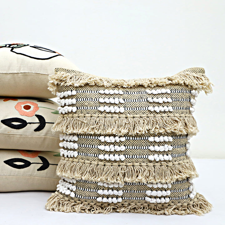 Desert Weave Fringe Cushion - Neutral White